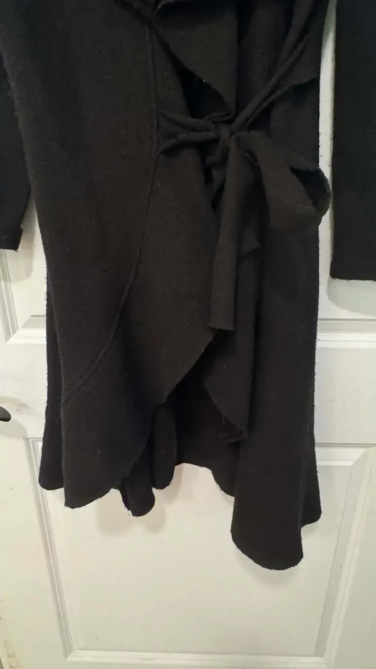 Black 100% Wool Ruffle Wrap Cardigan Sweater Coat Tie Waist Small